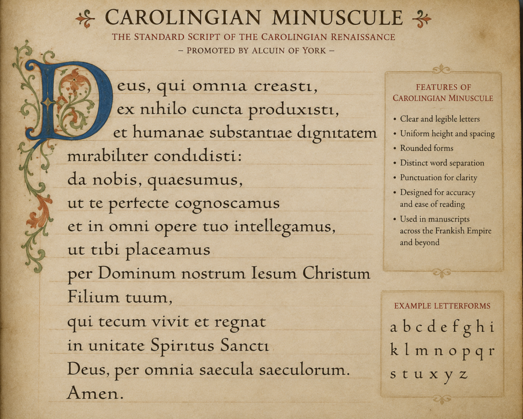arolingian minuscule with an illuminated initial and clean,
