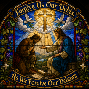 Forgive Us Our Debts, As We Forgive Our Debtors stained glass