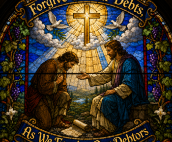 Forgive Us Our Debts, As We Forgive Our Debtors stained glass